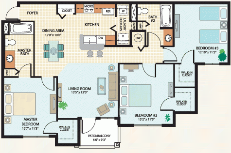 Floor plan for 3 beds, 2 baths, 1236 sqft